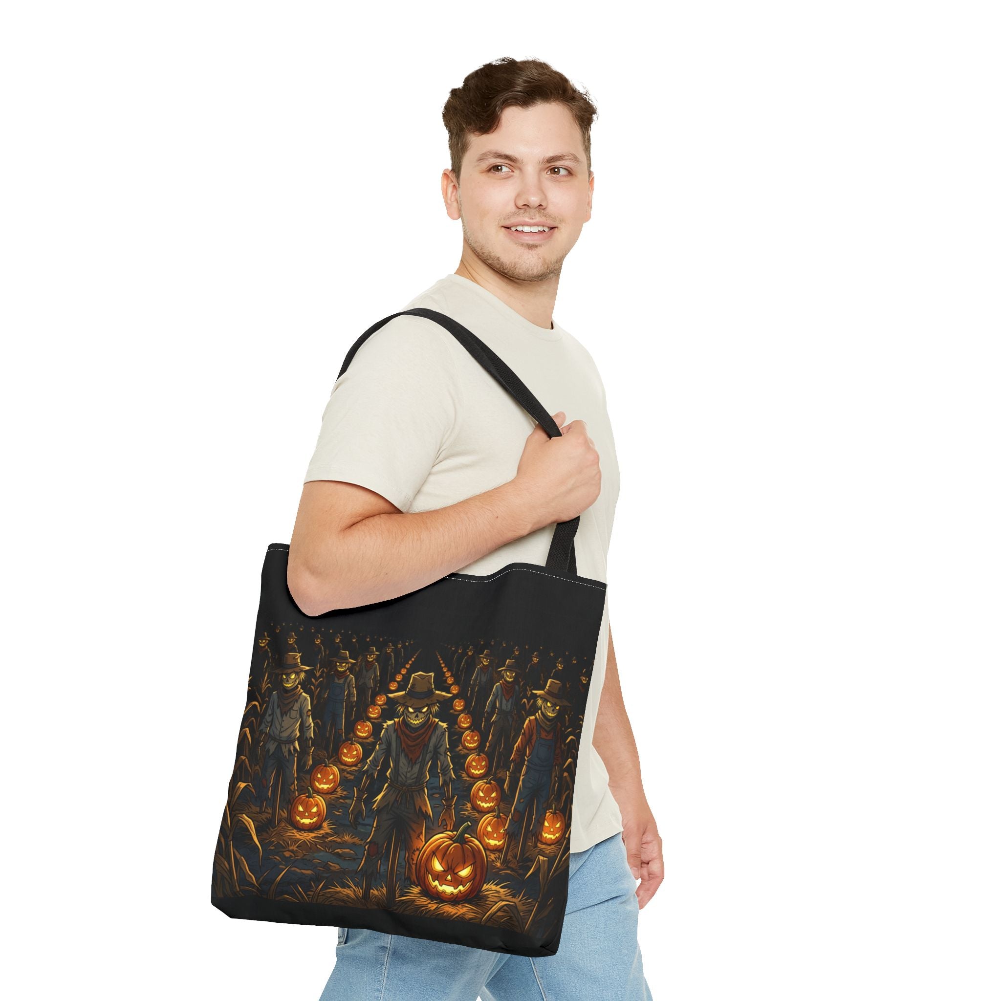 Halloween Scarecrow Parade Tote Bag – Spooky Pumpkin Field All-Over Print Tote