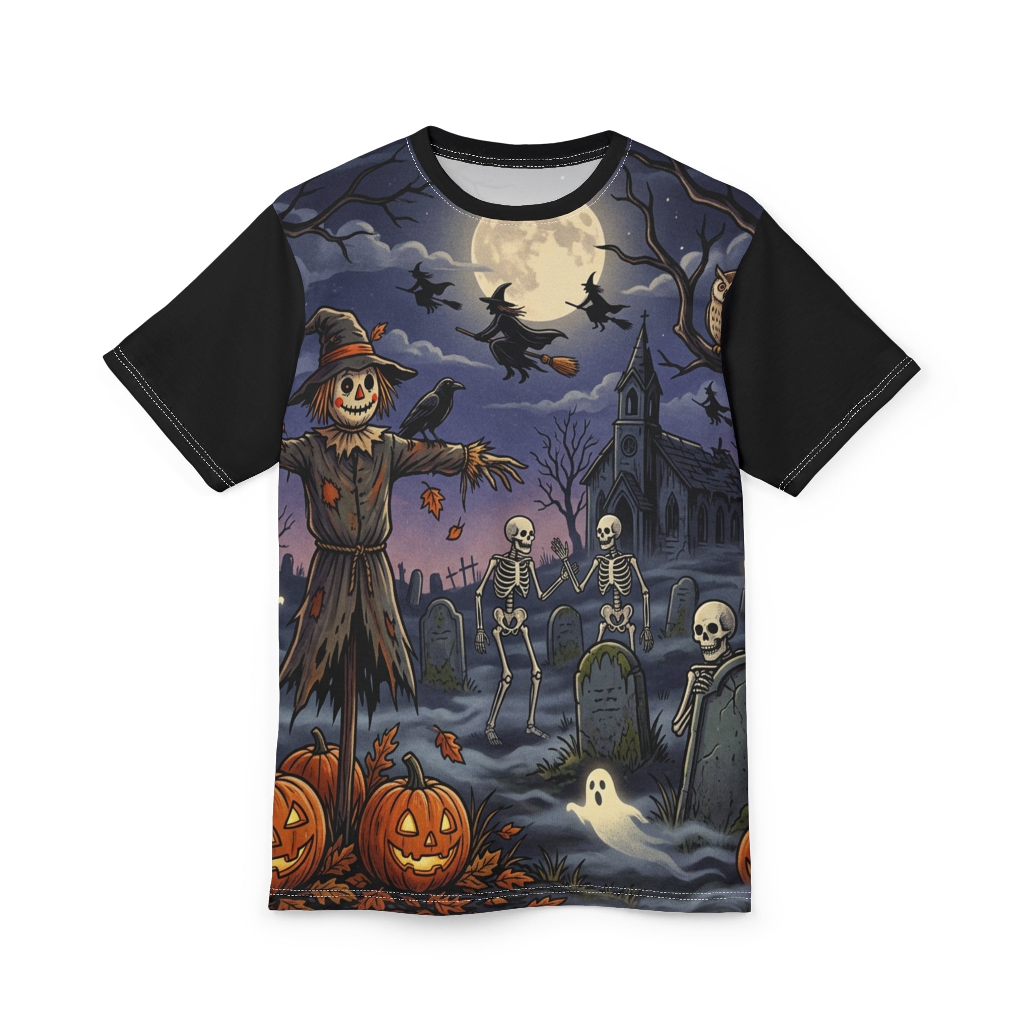 Halloween Graveyard Tee — Spooky Scarecrow & Dancing Skeletons All-Over Print