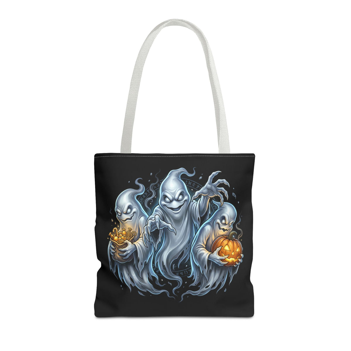 Halloween Ghost Trio Tote Bag — Spooky Pumpkin Trick-or-Treat AOP Tote