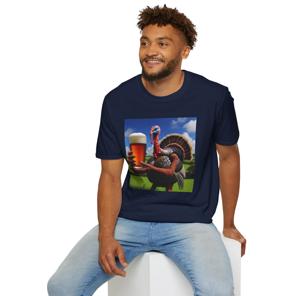 Thankful Turkey Beer T-Shirt — Funny Thanksgiving Turkey Holding Pint Tee