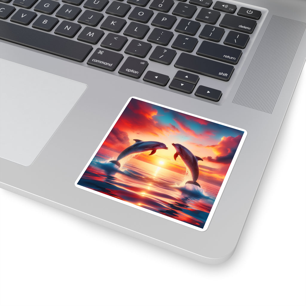 Dolphin Sunset Square Sticker — Vibrant Ocean Sunset Laptop Decal