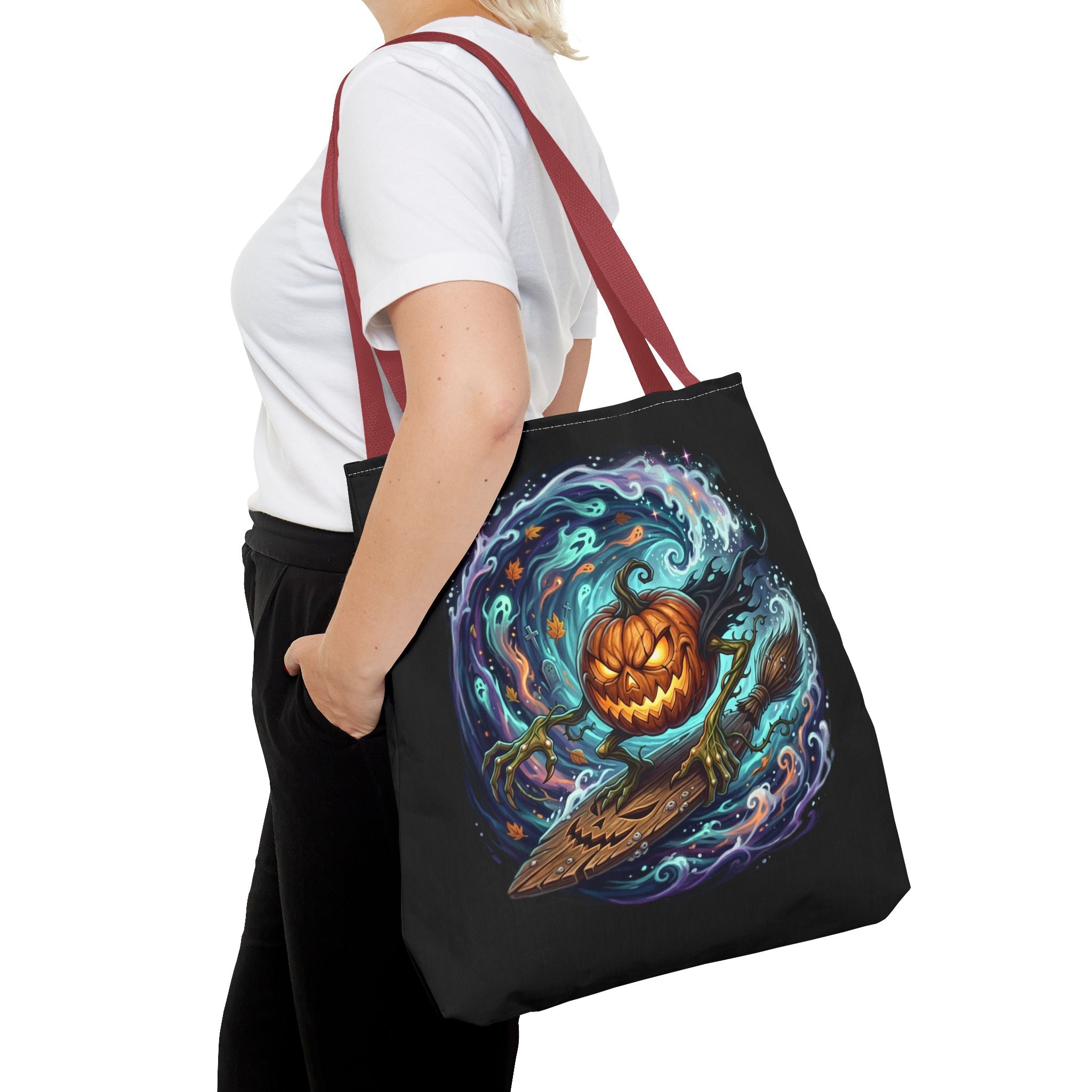 Halloween Surfing Pumpkin Tote Bag — Spooky Jack-o'-Lantern Beach Wave Tote