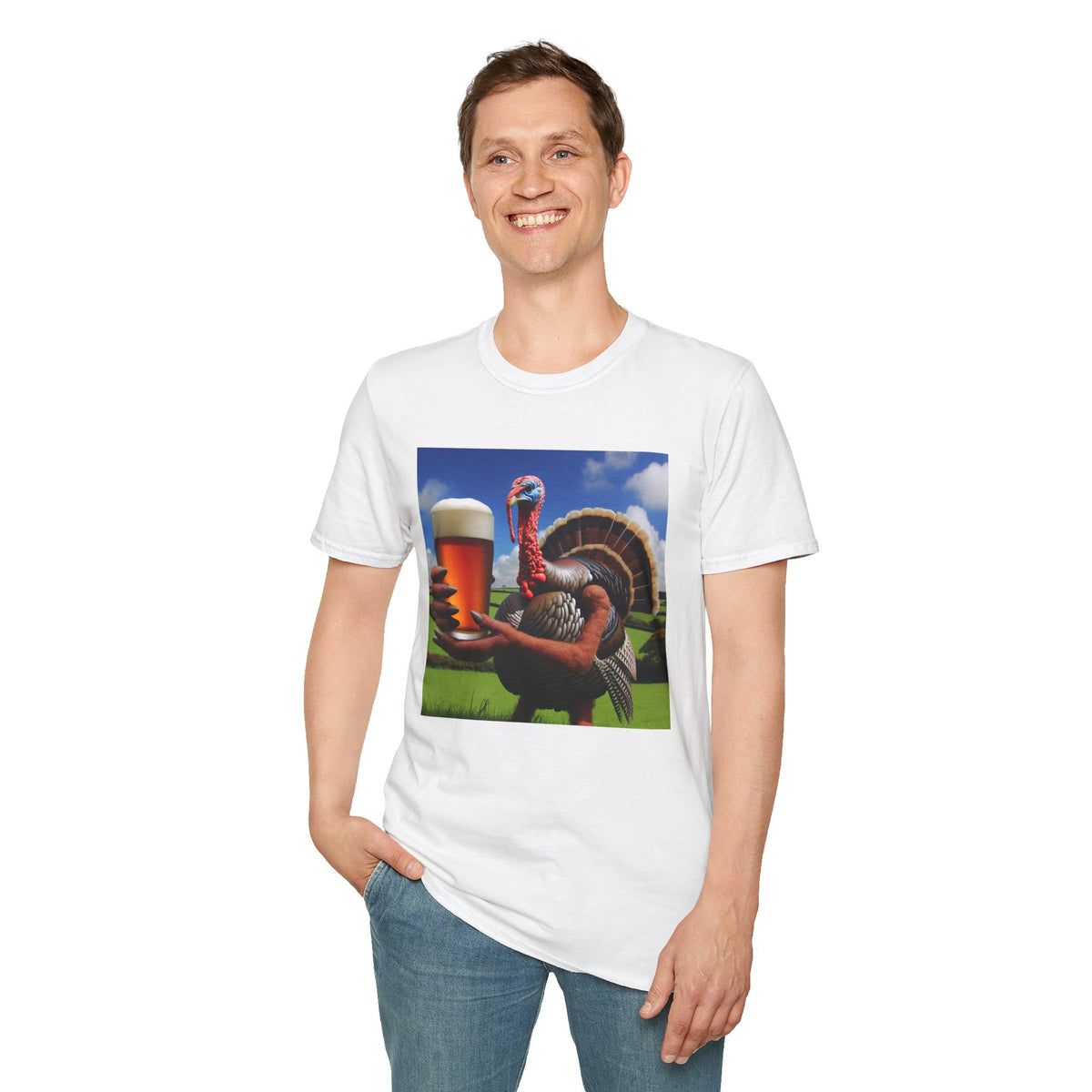 Thankful Turkey Beer T-Shirt — Funny Thanksgiving Turkey Holding Pint Tee