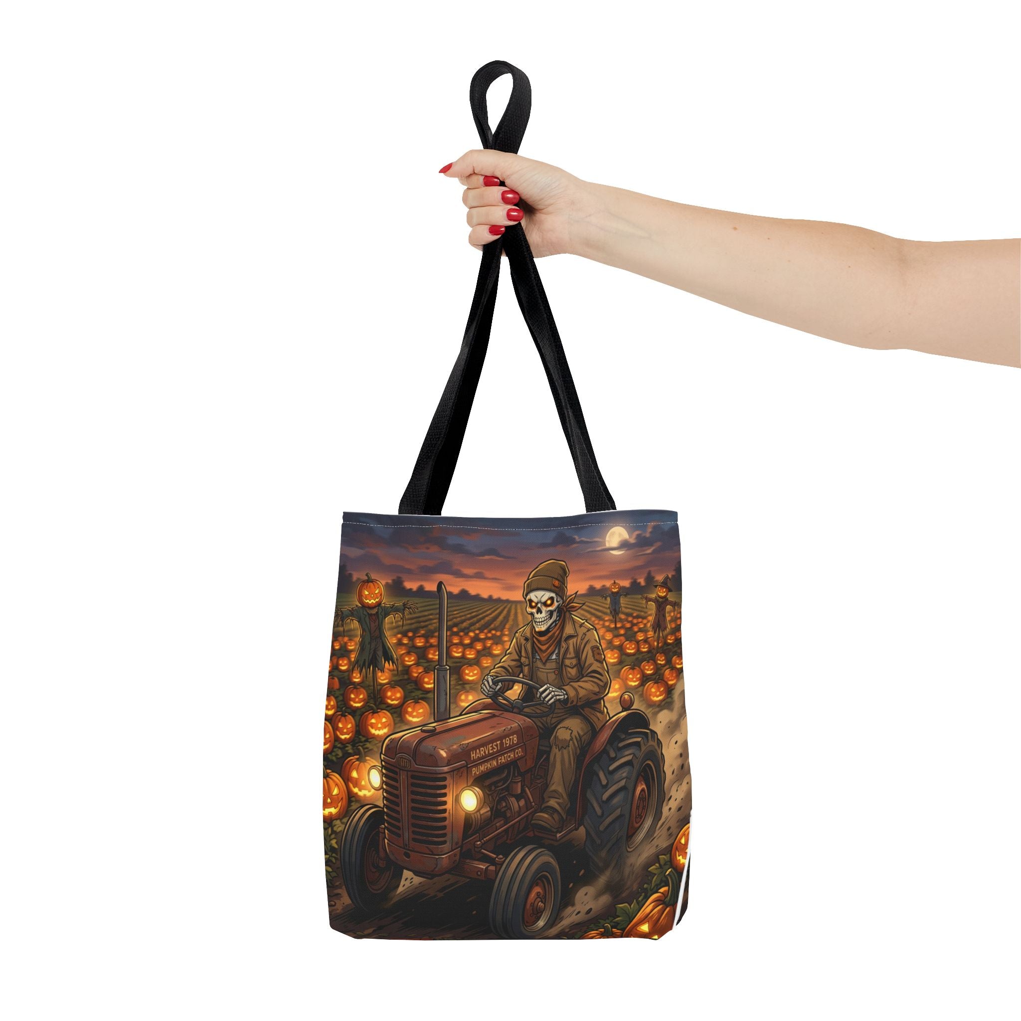 Halloween Pumpkin Field Tote — Skeletal Farmer on Tractor AOP Tote Bag