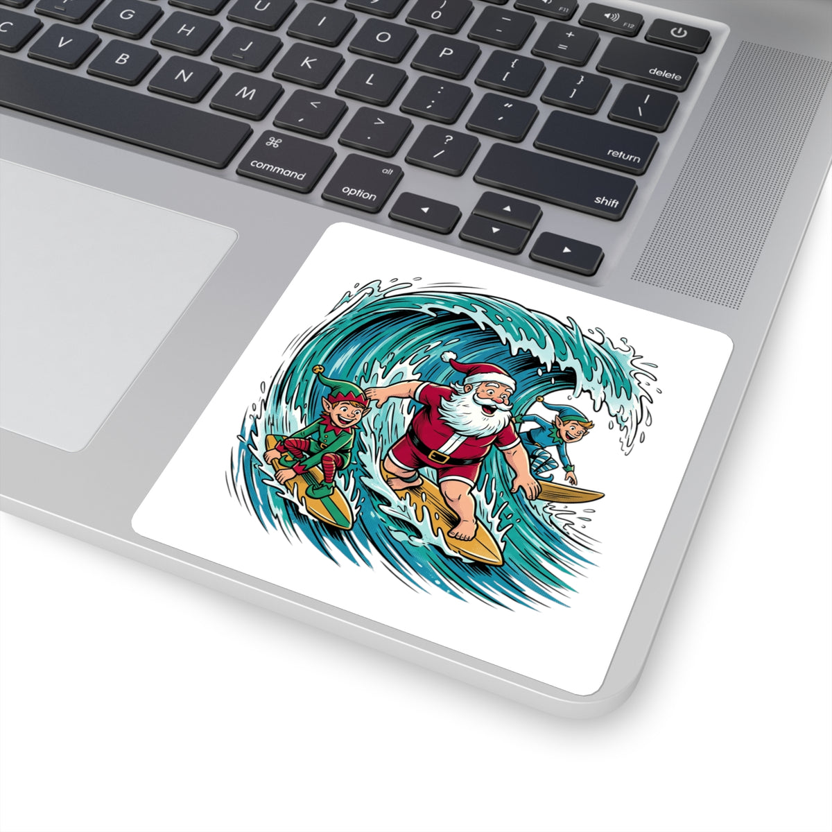 Surfing Santa Square Sticker — Festive Christmas Surfboard Holiday Decal