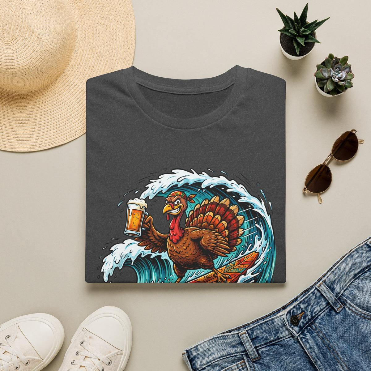 Turkey Surfing With Beer T-Shirt — Funny Thanksgiving Surfboard Tee