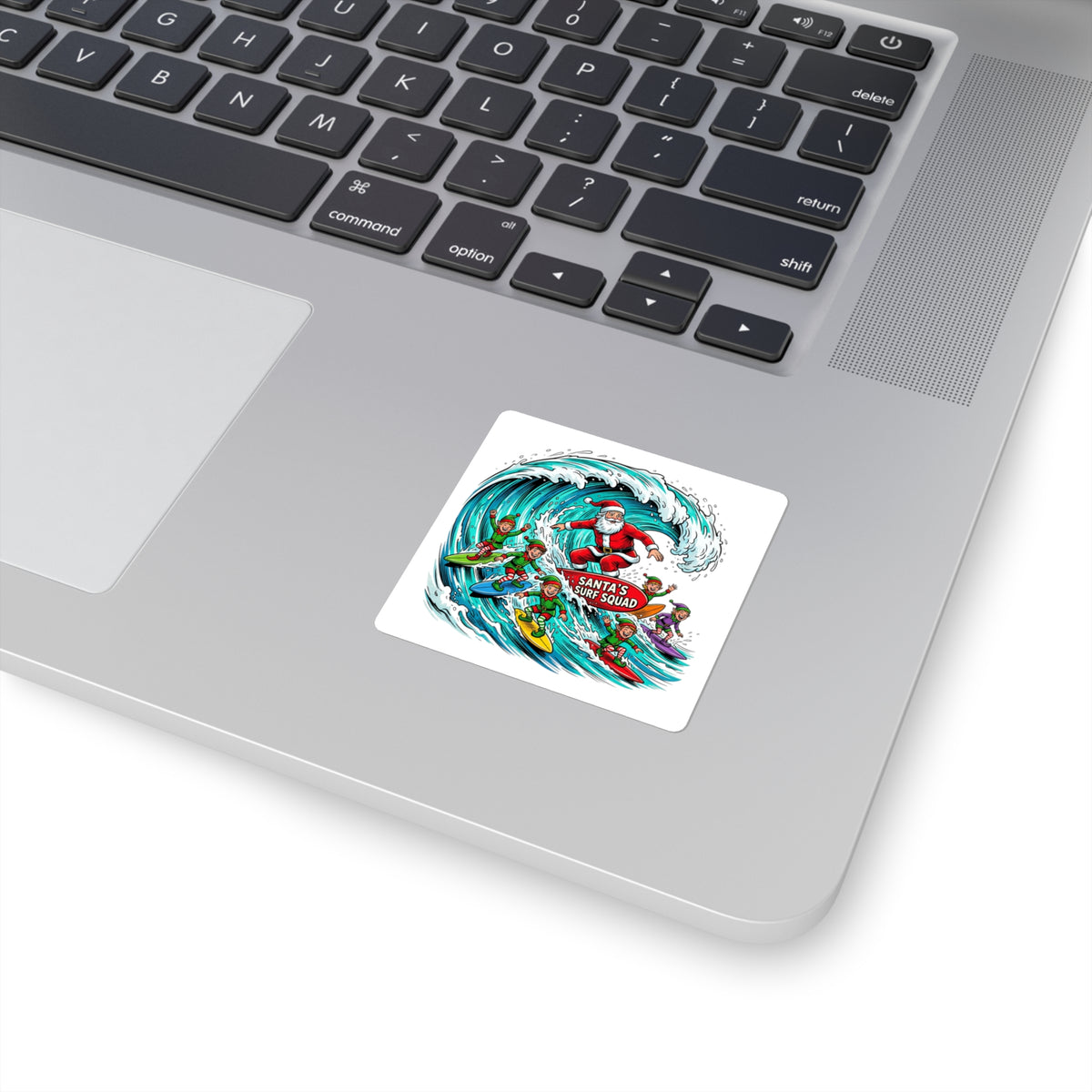 Santa’s Surf Squad Square Sticker — Festive Christmas Surfing Elves Decal