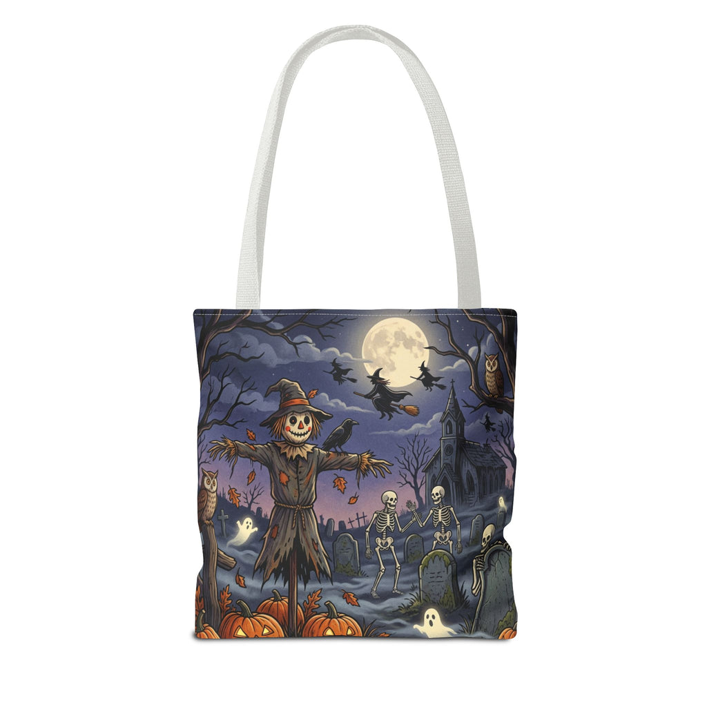 Halloween Haunted Night Tote Bag – Spooky Scarecrow & Skeletons All-Over Print