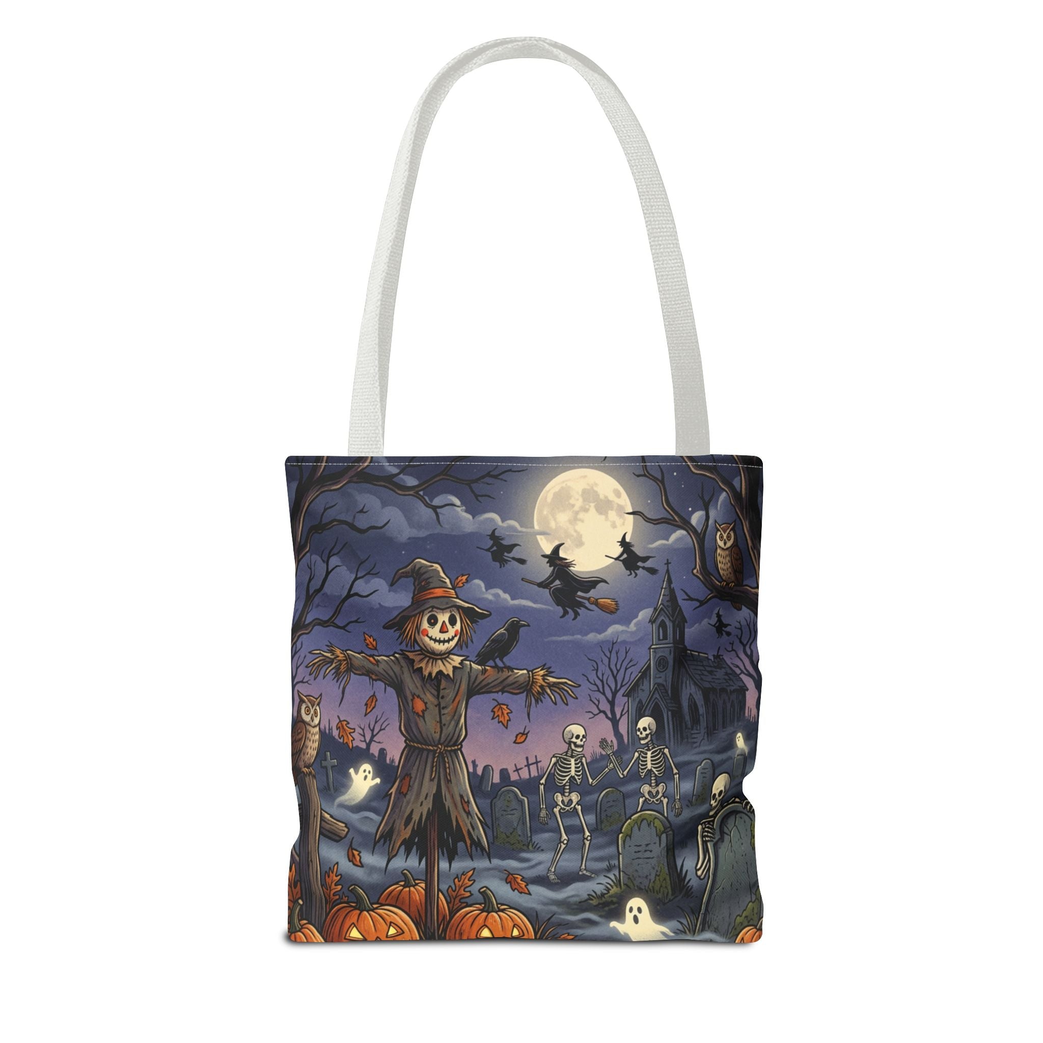 Halloween Haunted Night Tote Bag – Spooky Scarecrow & Skeletons All-Over Print