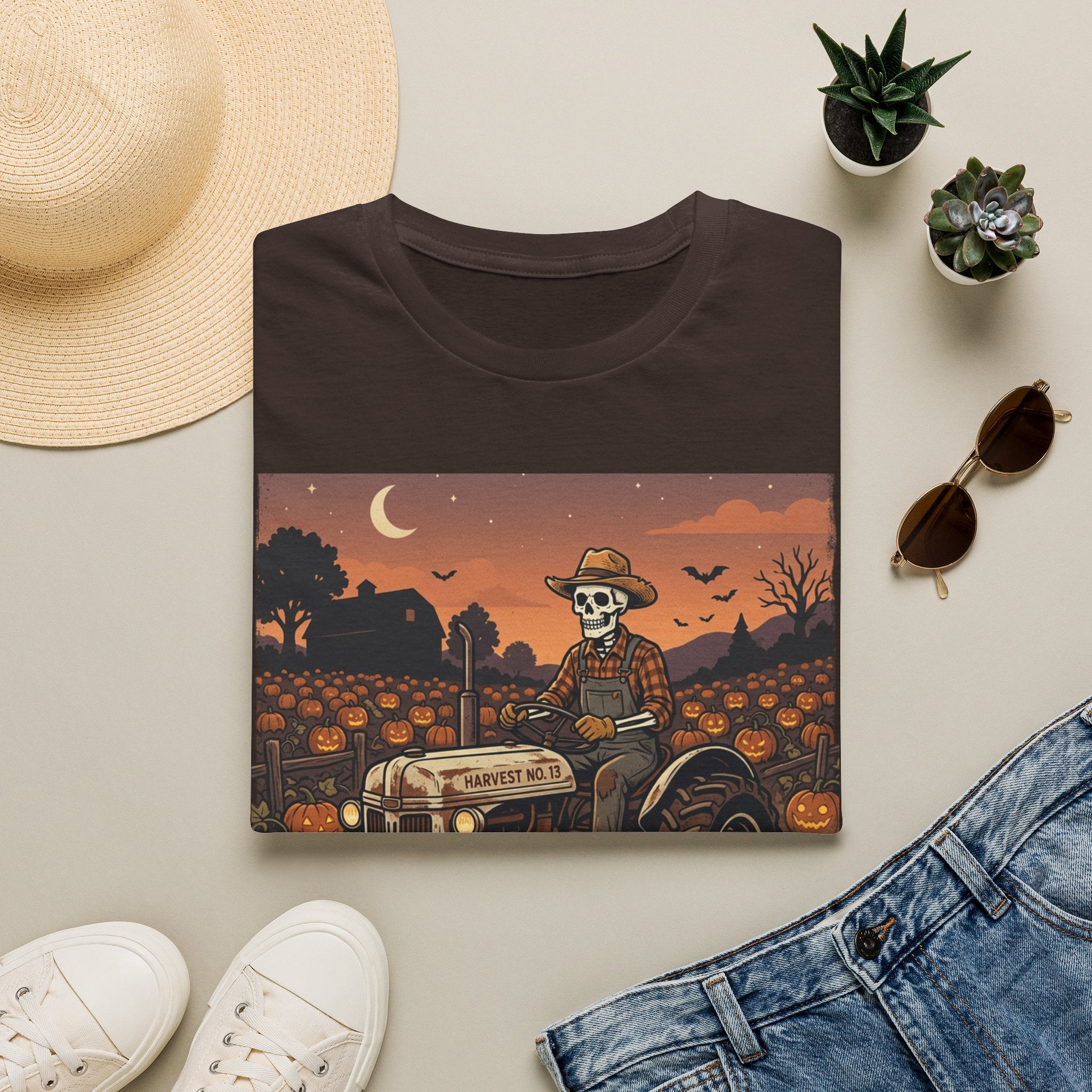 Skeleton Farmer Pumpkin Patch T‑Shirt — Harvest Moon Halloween Tee
