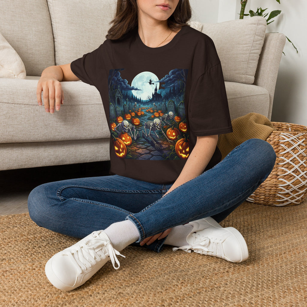 Halloween Pumpkin Patch T-Shirt — Haunted Moonlit Cemetery Graphic Tee