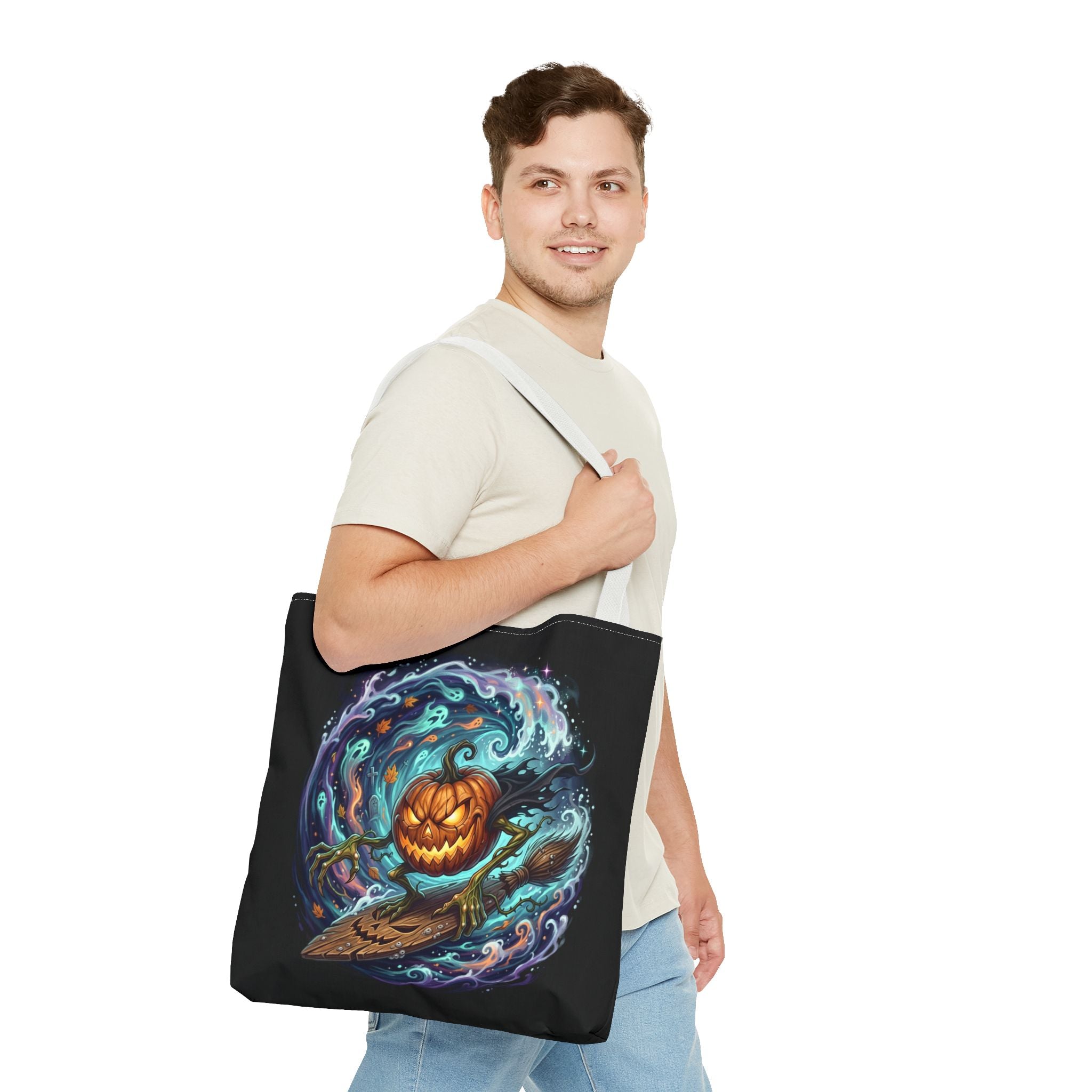 Halloween Surfing Pumpkin Tote Bag — Spooky Jack-o'-Lantern Beach Wave Tote