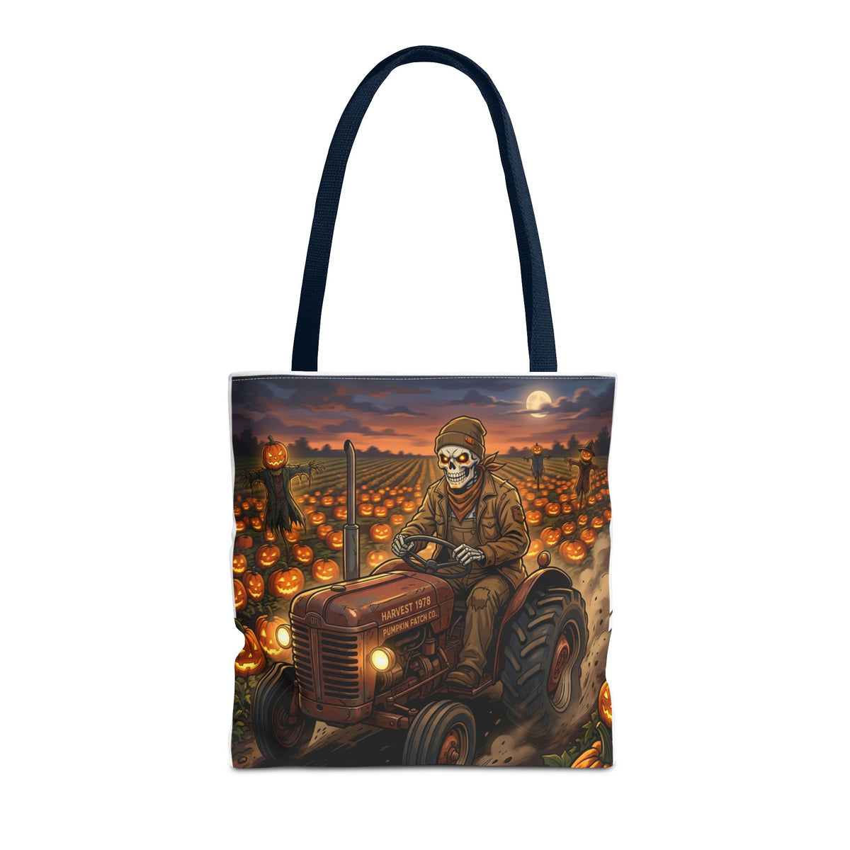 Halloween Pumpkin Field Tote — Skeletal Farmer on Tractor AOP Tote Bag