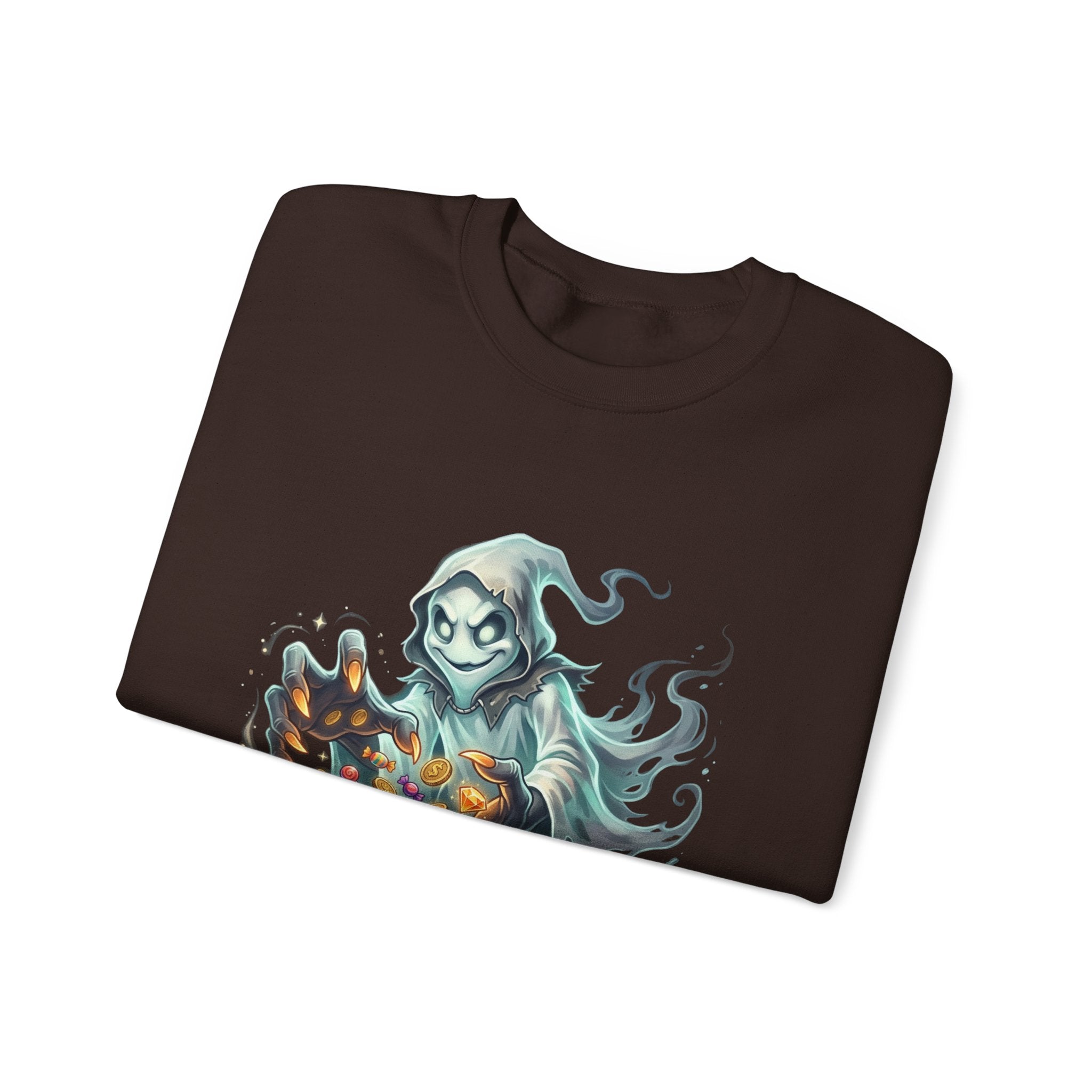 Treasure Ghost Halloween Crewneck Sweatshirt — Hooded Specter with Glowing Candy