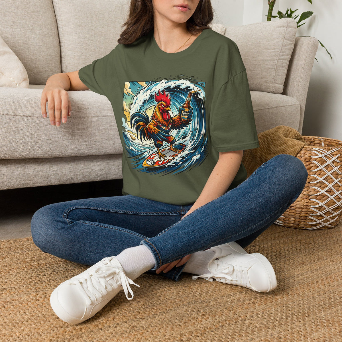 Surfing Rooster T-Shirt — Vintage Wave Rooster Holding Beer Graphic Tee