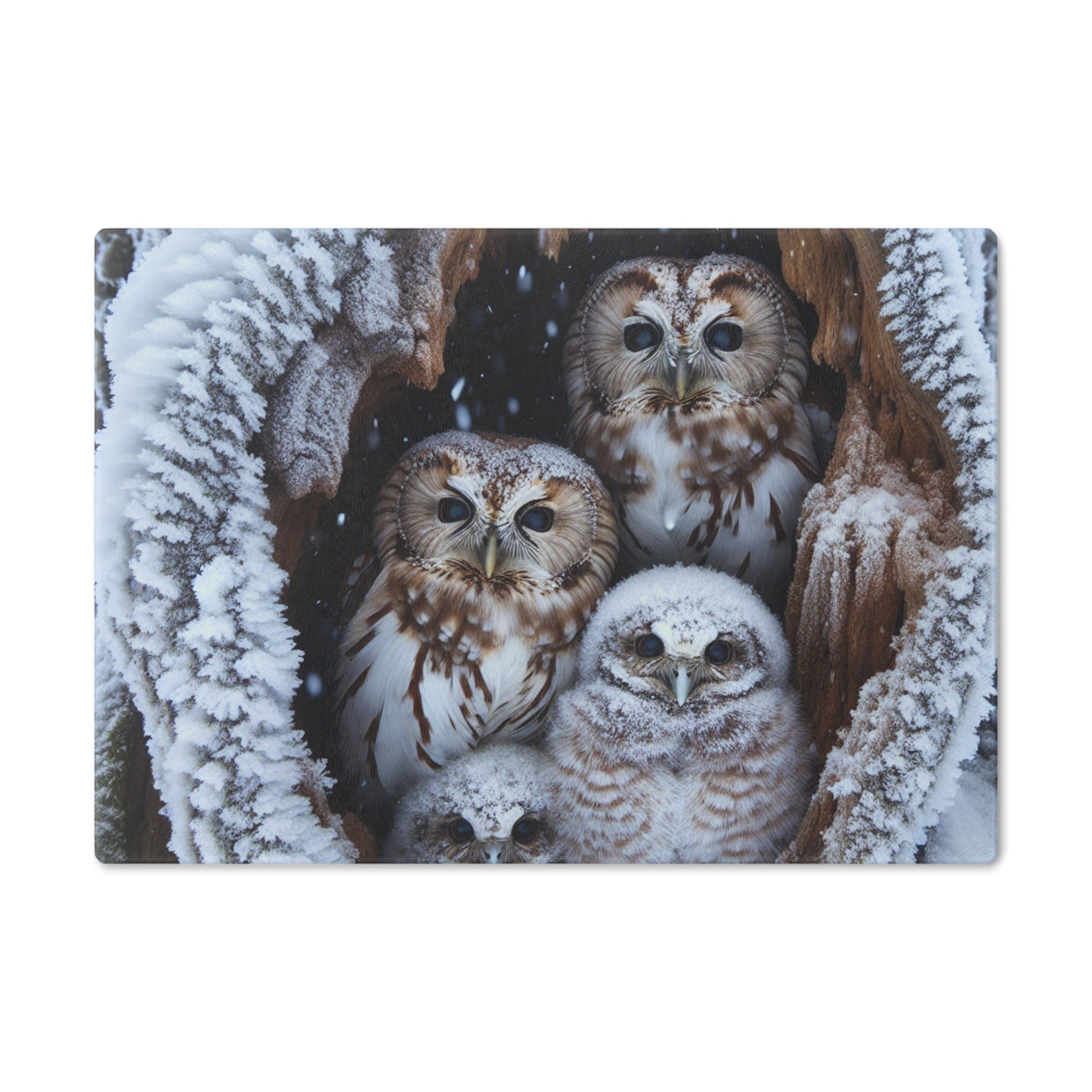 Owl Family Winter Cutting Board — Snowy Woodland Kitchen Decor