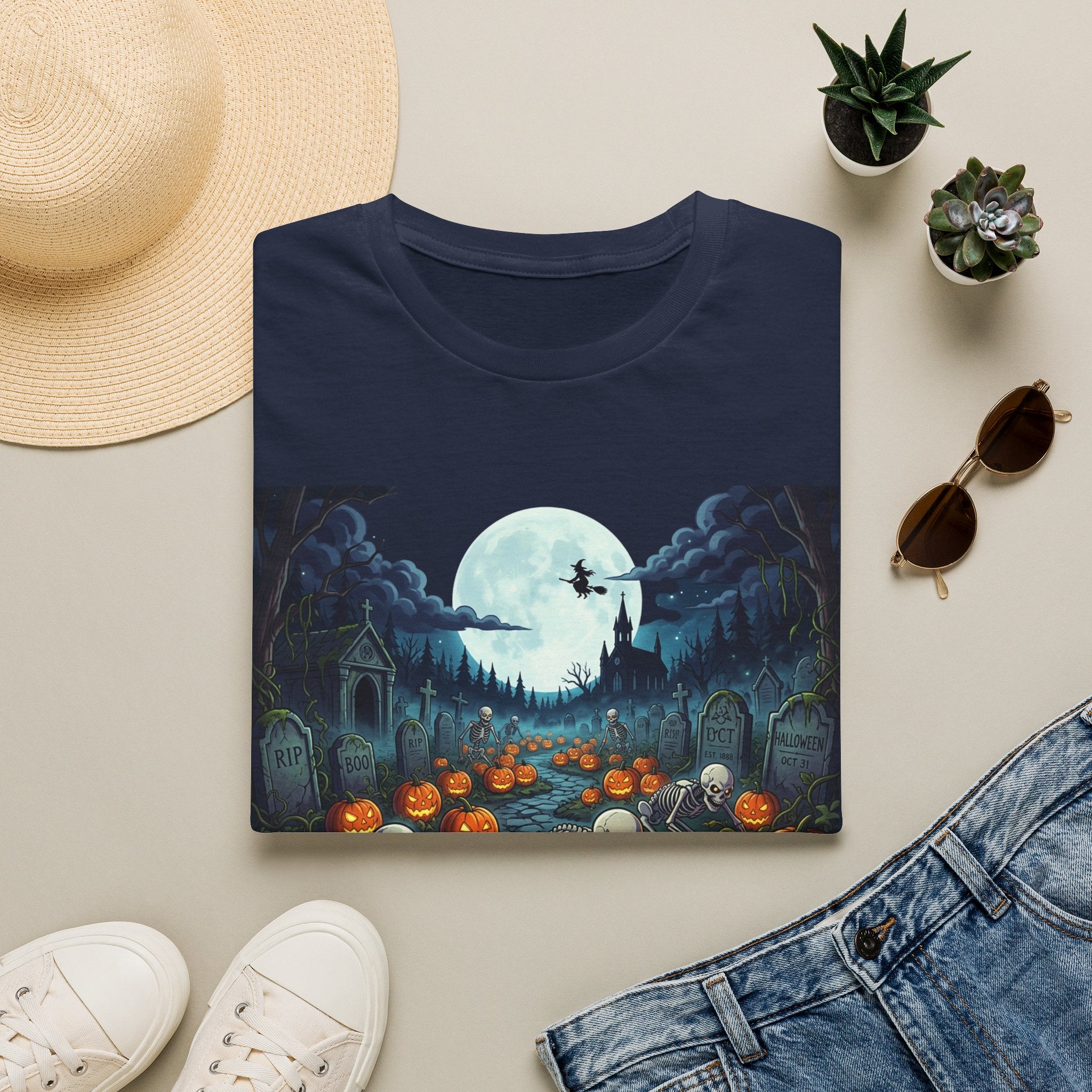 Halloween Pumpkin Patch T-Shirt — Haunted Moonlit Cemetery Graphic Tee