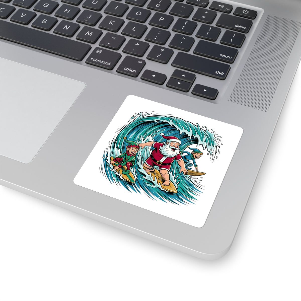 Surfing Santa Square Sticker — Festive Christmas Surfboard Holiday Decal