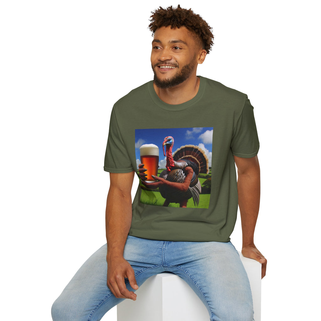 Thankful Turkey Beer T-Shirt — Funny Thanksgiving Turkey Holding Pint Tee