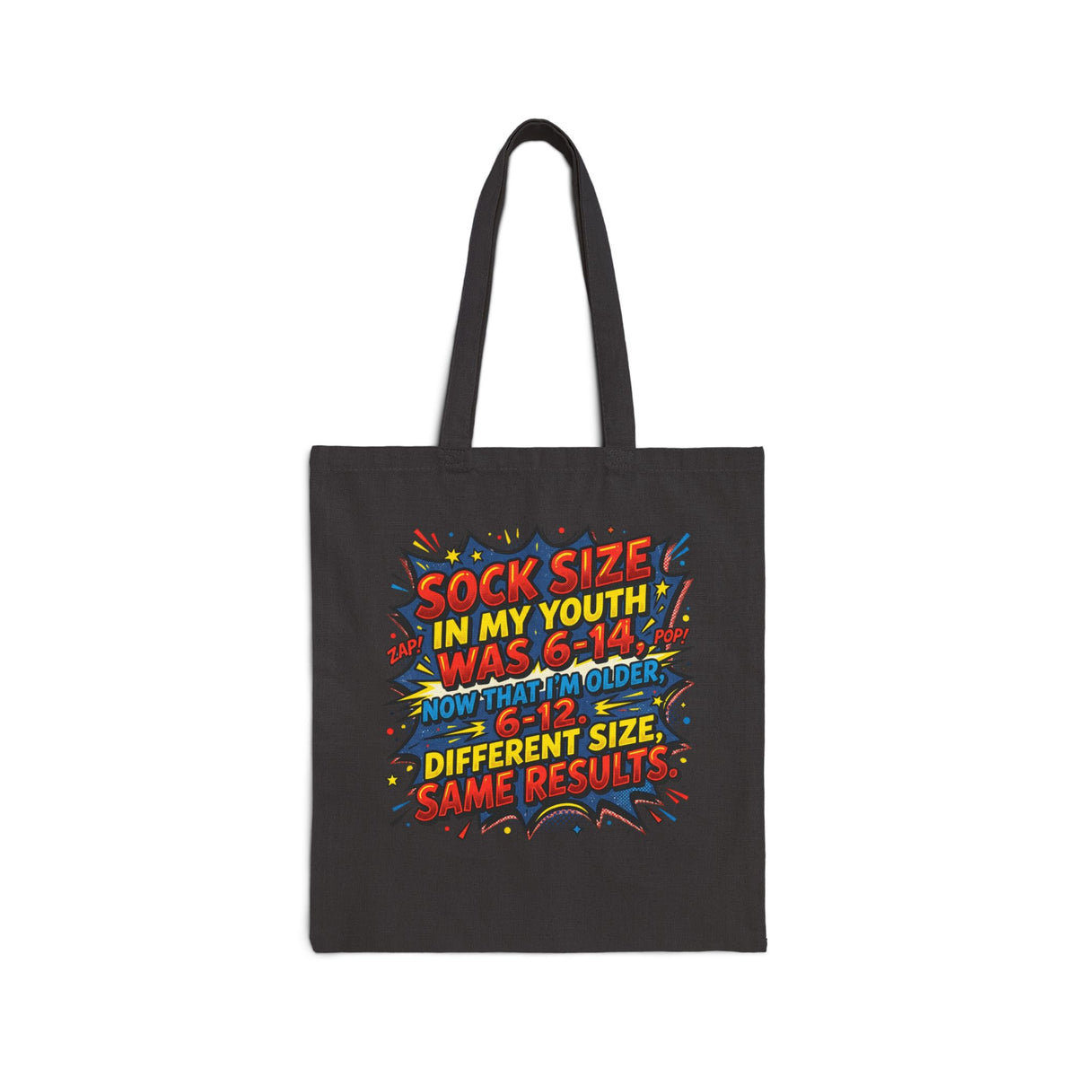 Canvas Tote Bag — Funny Retro Comic 'Sock Size in My Youth Was 6–14' Grocery & Gift Tote
