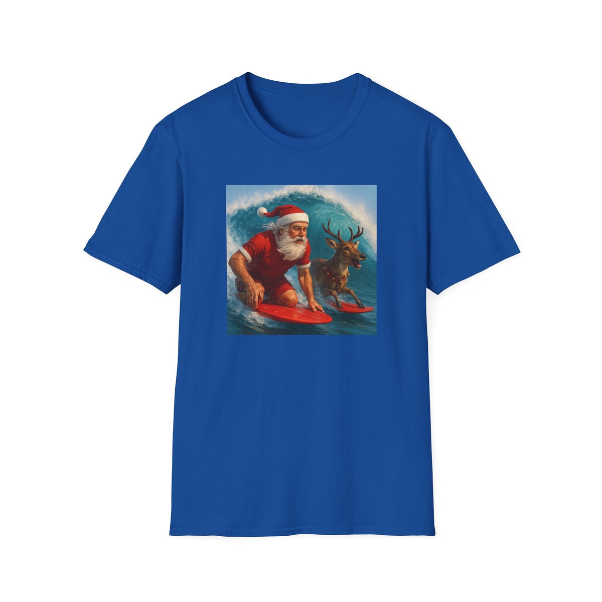 Santa Surfing T-Shirt — Retro Santa and Reindeer Surf Holiday Tee