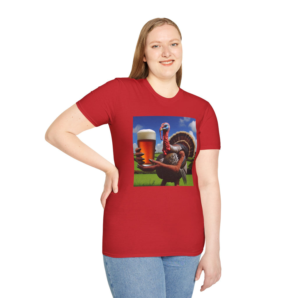 Thankful Turkey Beer T-Shirt — Funny Thanksgiving Turkey Holding Pint Tee