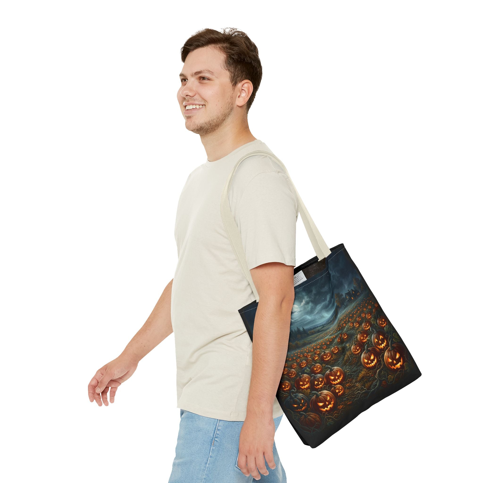 Halloween Pumpkin Field Tote Bag — Spooky Jack-O'-Lantern All-Over Print