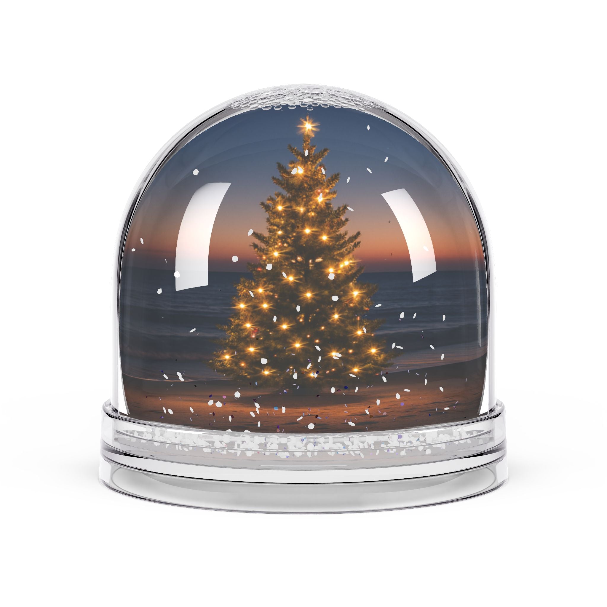 Coastal Christmas Snow Globe — Lit Holiday Tree Beach Scene
