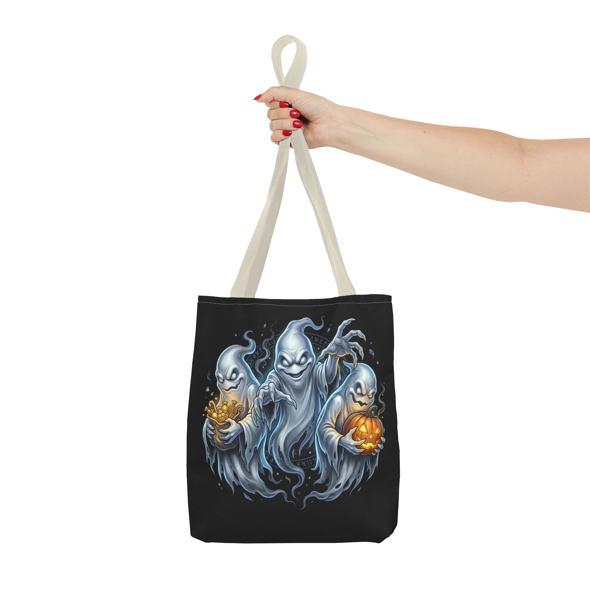 Halloween Ghost Trio Tote Bag — Spooky Pumpkin Trick-or-Treat AOP Tote