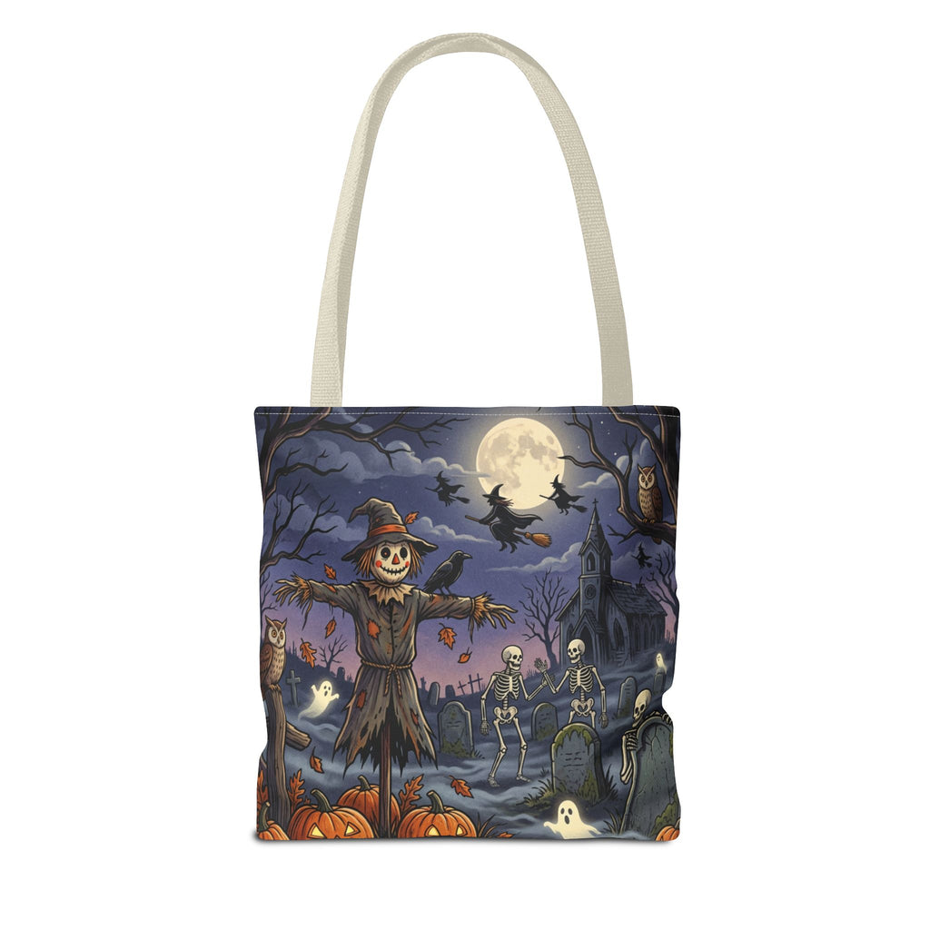 Halloween Haunted Night Tote Bag – Spooky Scarecrow & Skeletons All-Over Print