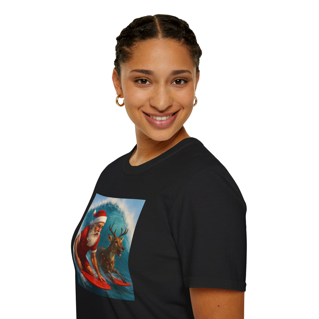Santa Surfing T-Shirt — Retro Santa and Reindeer Surf Holiday Tee