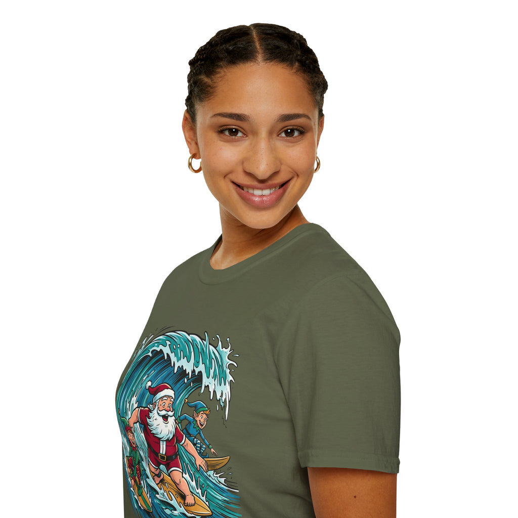 Surfing Santa T-Shirt — Christmas Beach Holiday Tee