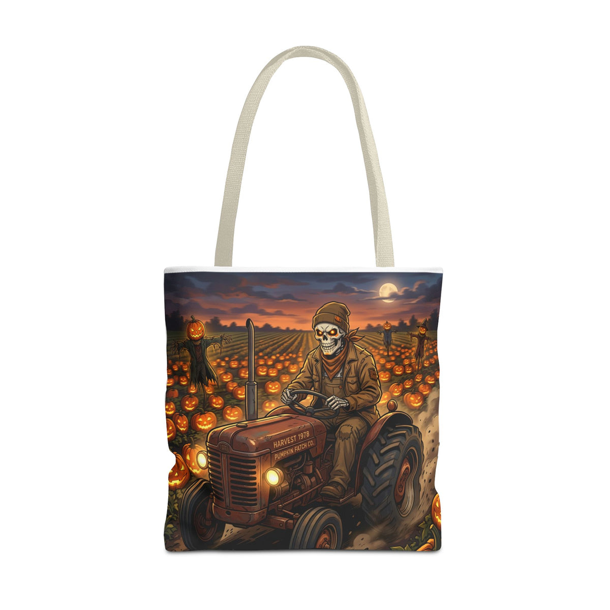 Halloween Pumpkin Field Tote — Skeletal Farmer on Tractor AOP Tote Bag