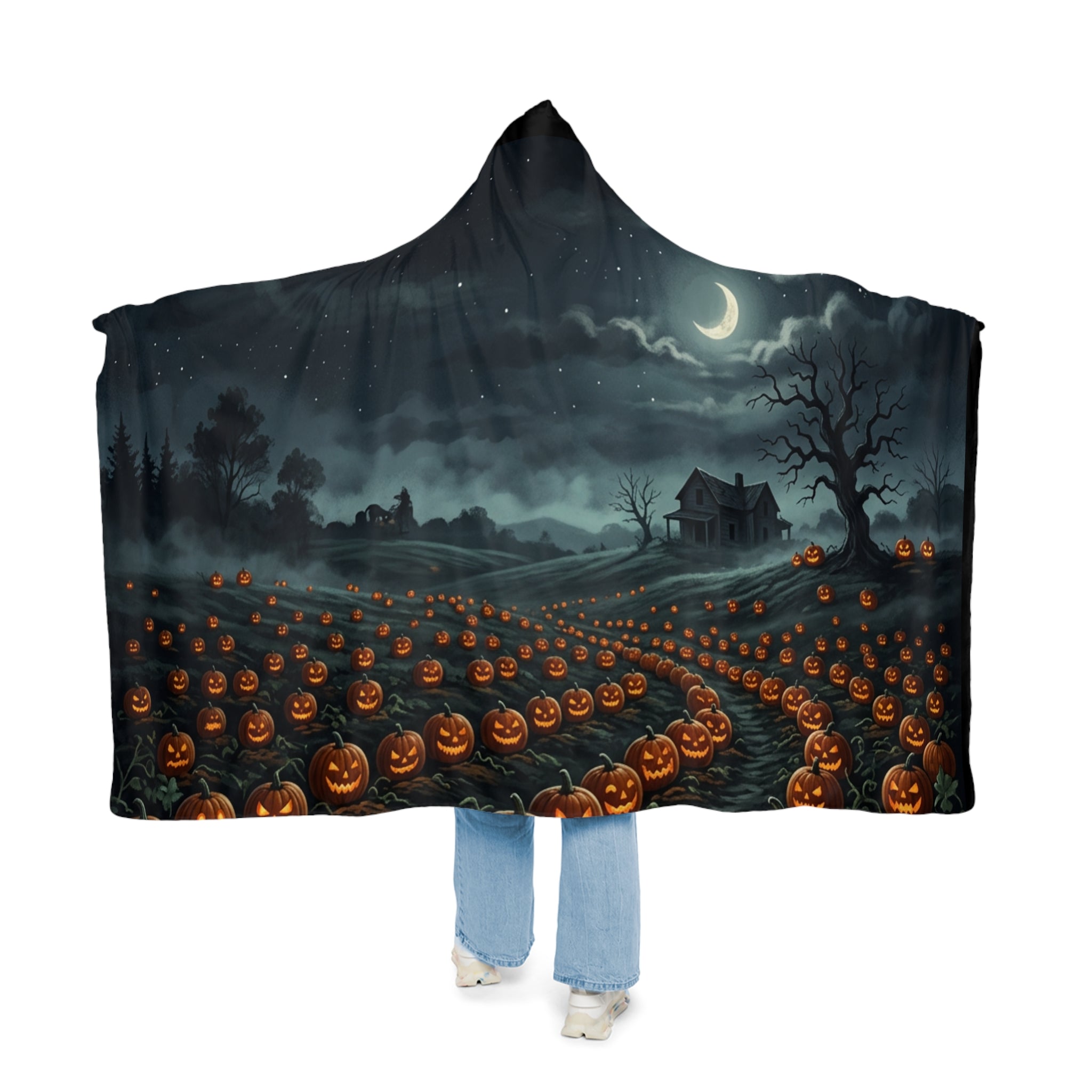 Halloween Pumpkin Field Hooded Blanket - Spooky Jack-O'-Lantern Snuggle Throw