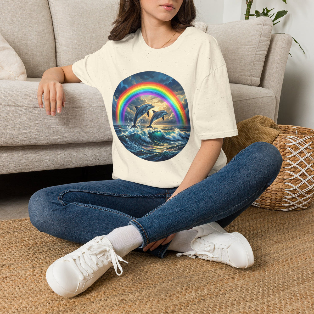 Dolphin Rainbow Wave T-Shirt — Ocean Sunset Graphic Tee