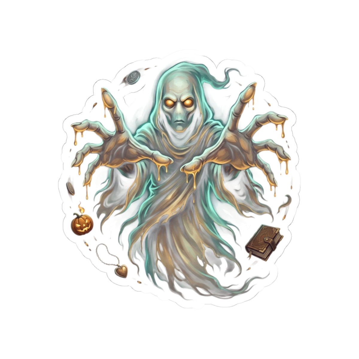 Hooded Specter with Pumpkin & Spellbook Halloween Kiss-Cut Sticker