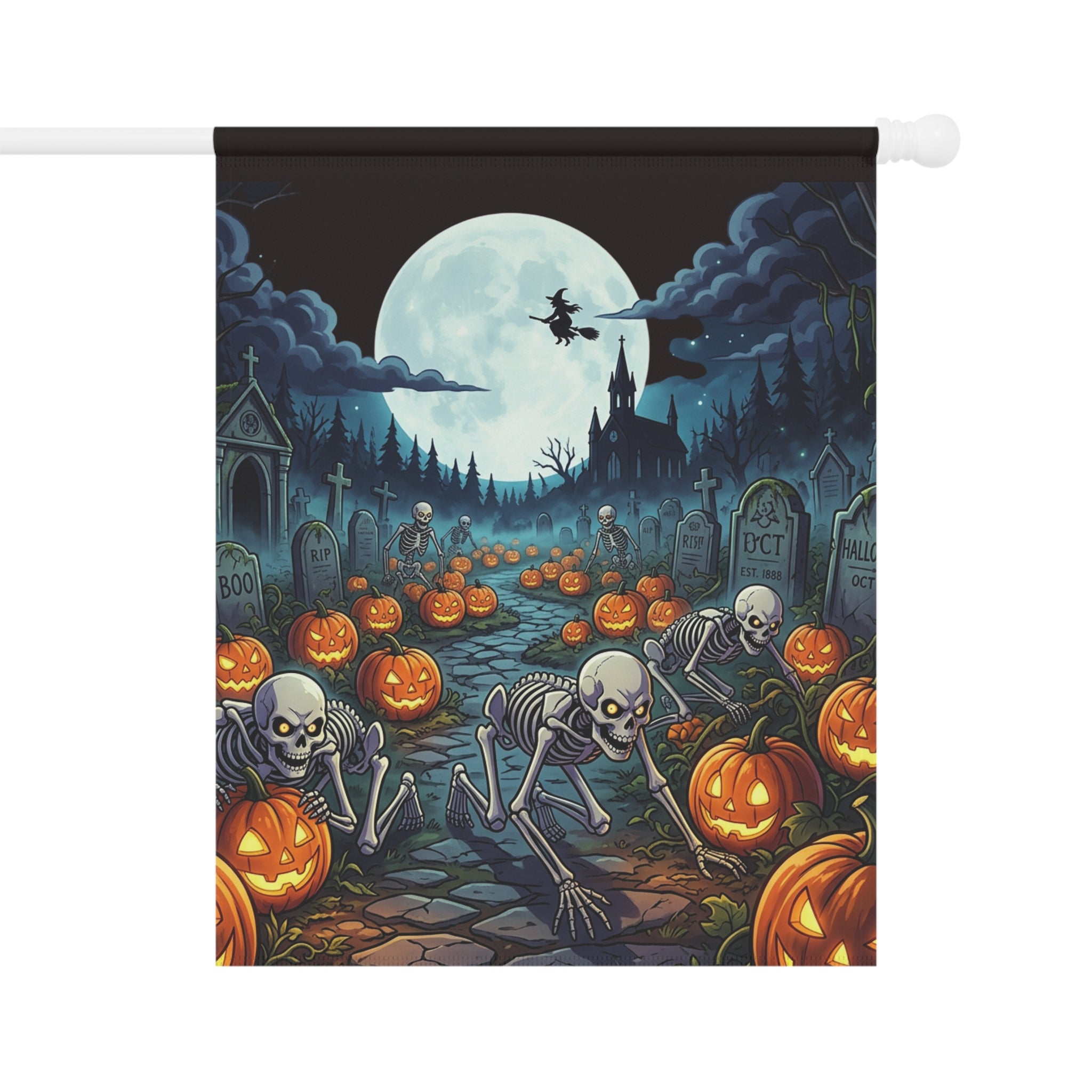 Halloween Skeleton & Jack-O'-Lantern Garden Flag — Spooky Moonlit Cemetery Yard Banner