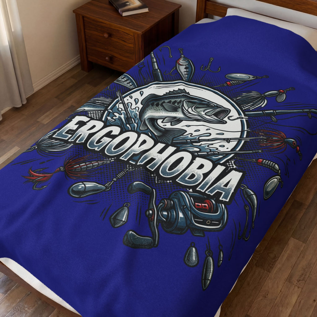 Fishing Graphic Velveteen Plush Blanket – “ERGOPHOBIA” Bass Design