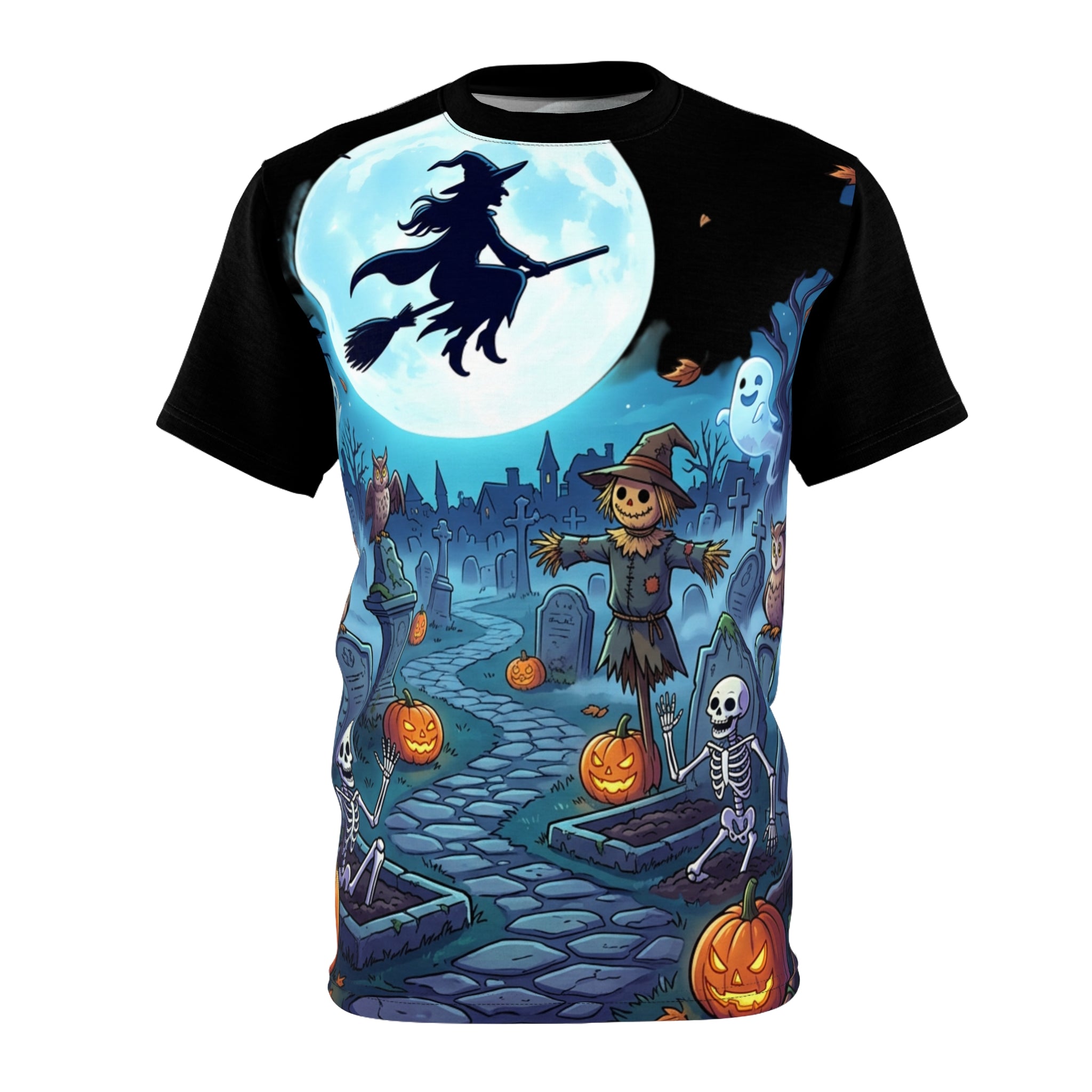 Halloween Graveyard Tee — Witch, Pumpkins & Scarecrow All-Over Print
