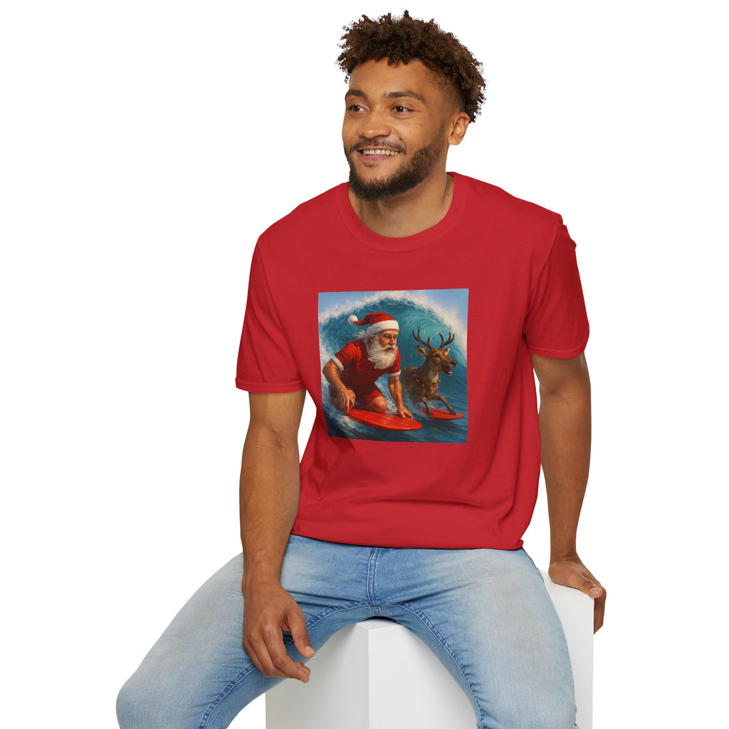 Santa Surfing T-Shirt — Retro Santa and Reindeer Surf Holiday Tee