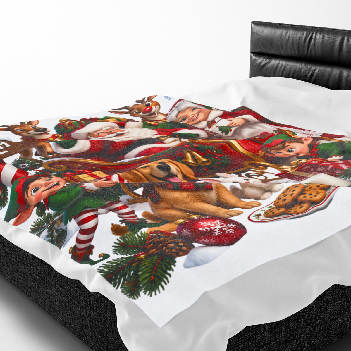 North Pole Christmas Santa & Reindeer Velveteen Plush Blanket