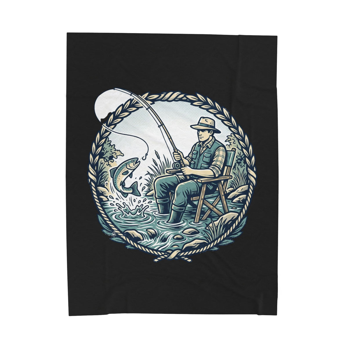 Vintage Fly Fishing Angler Velveteen Plush Blanket