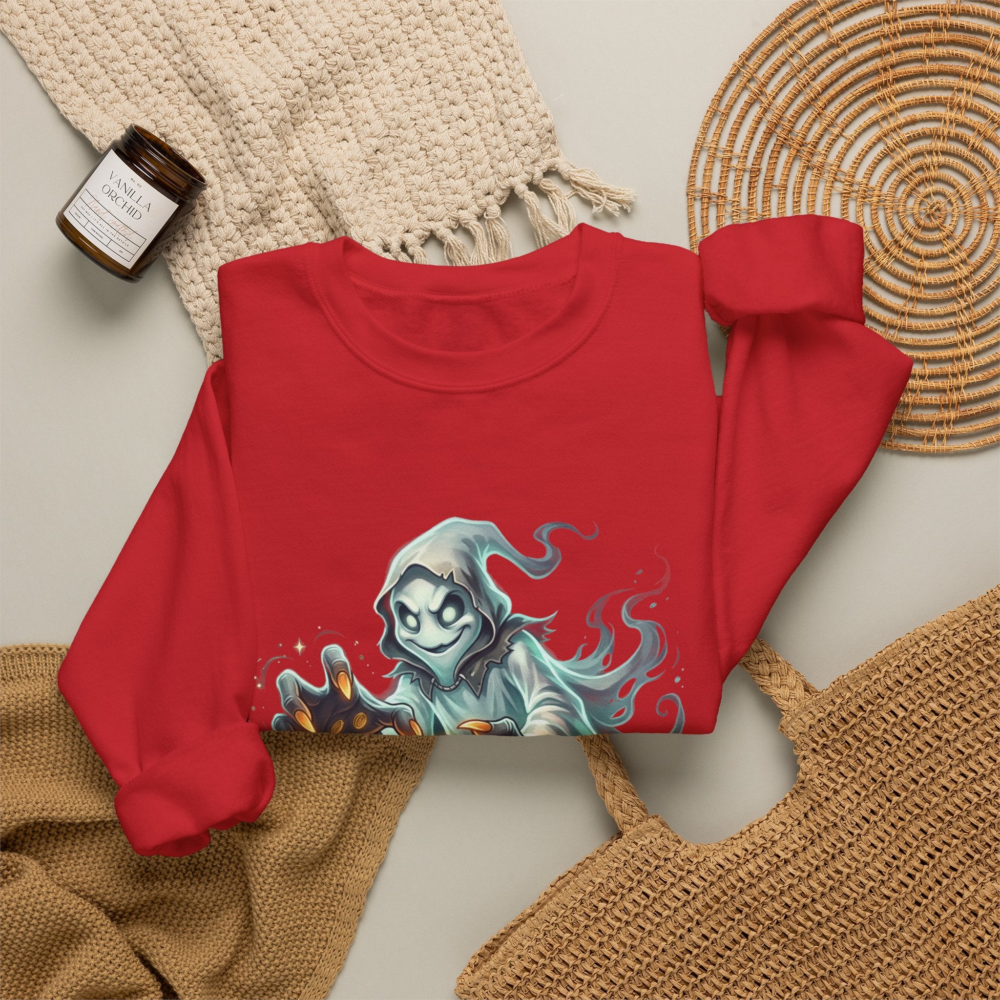 Treasure Ghost Halloween Crewneck Sweatshirt — Hooded Specter with Glowing Candy