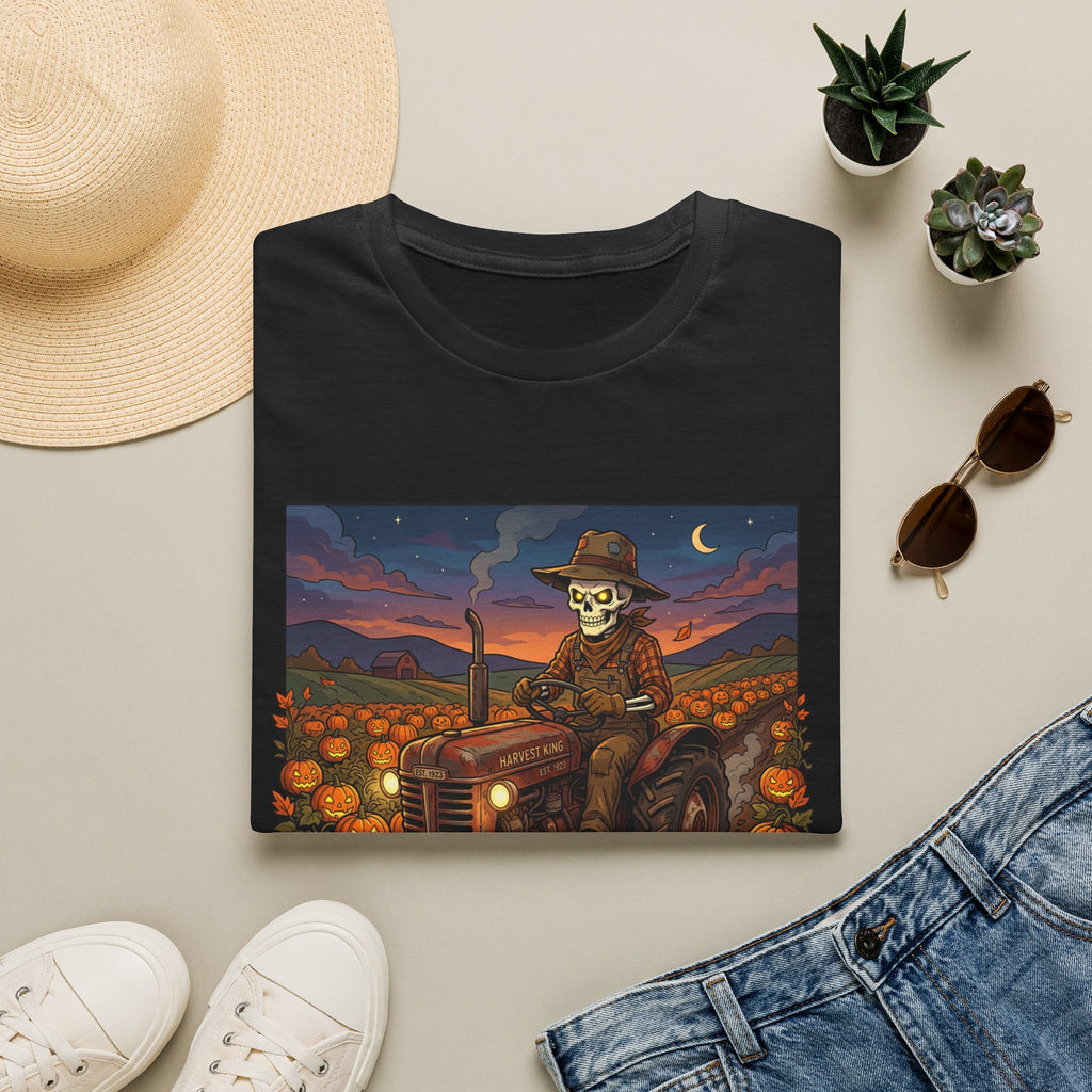 Halloween Pumpkin Farm T‑Shirt — Skeleton Farmer on Tractor Design