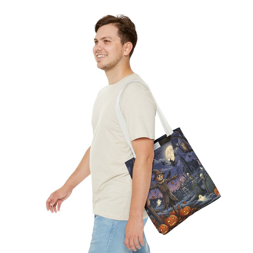 Halloween Haunted Night Tote Bag – Spooky Scarecrow & Skeletons All-Over Print