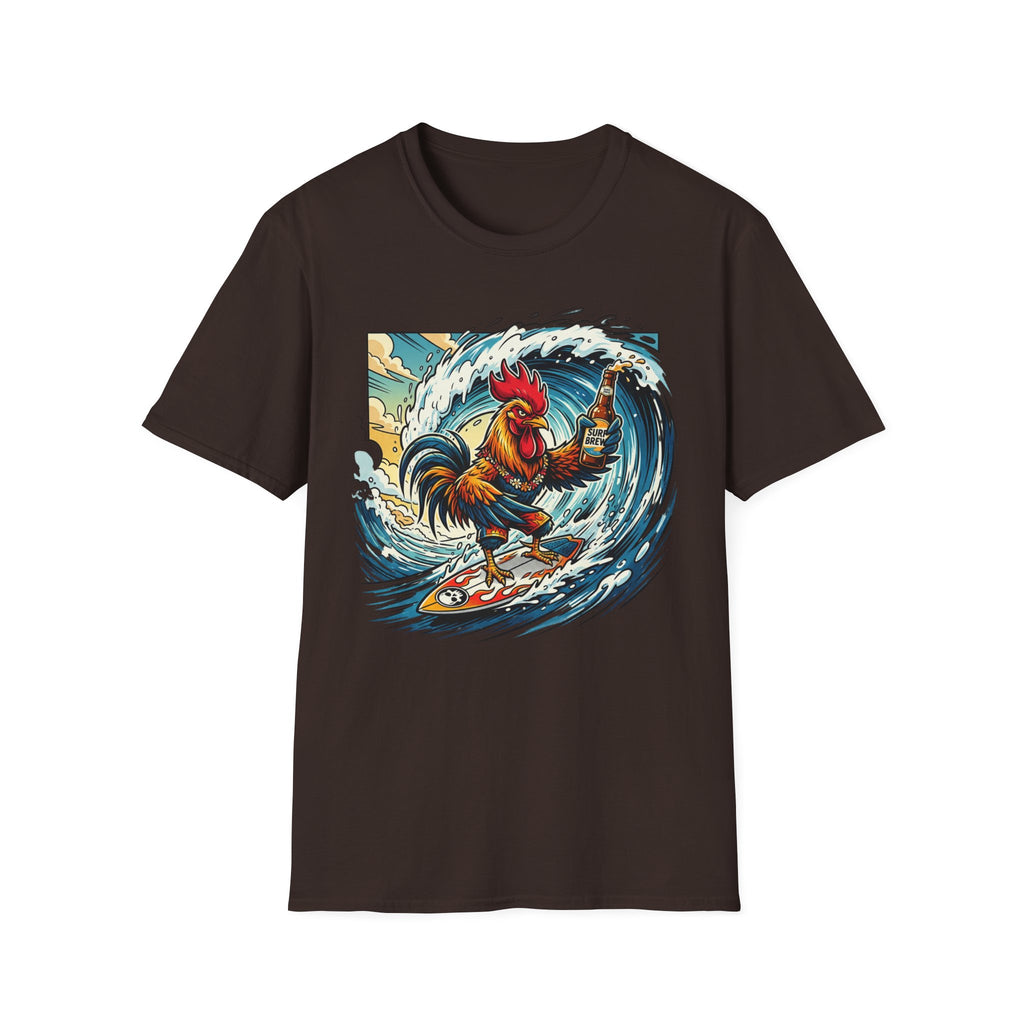 Surfing Rooster T-Shirt — Vintage Wave Rooster Holding Beer Graphic Tee