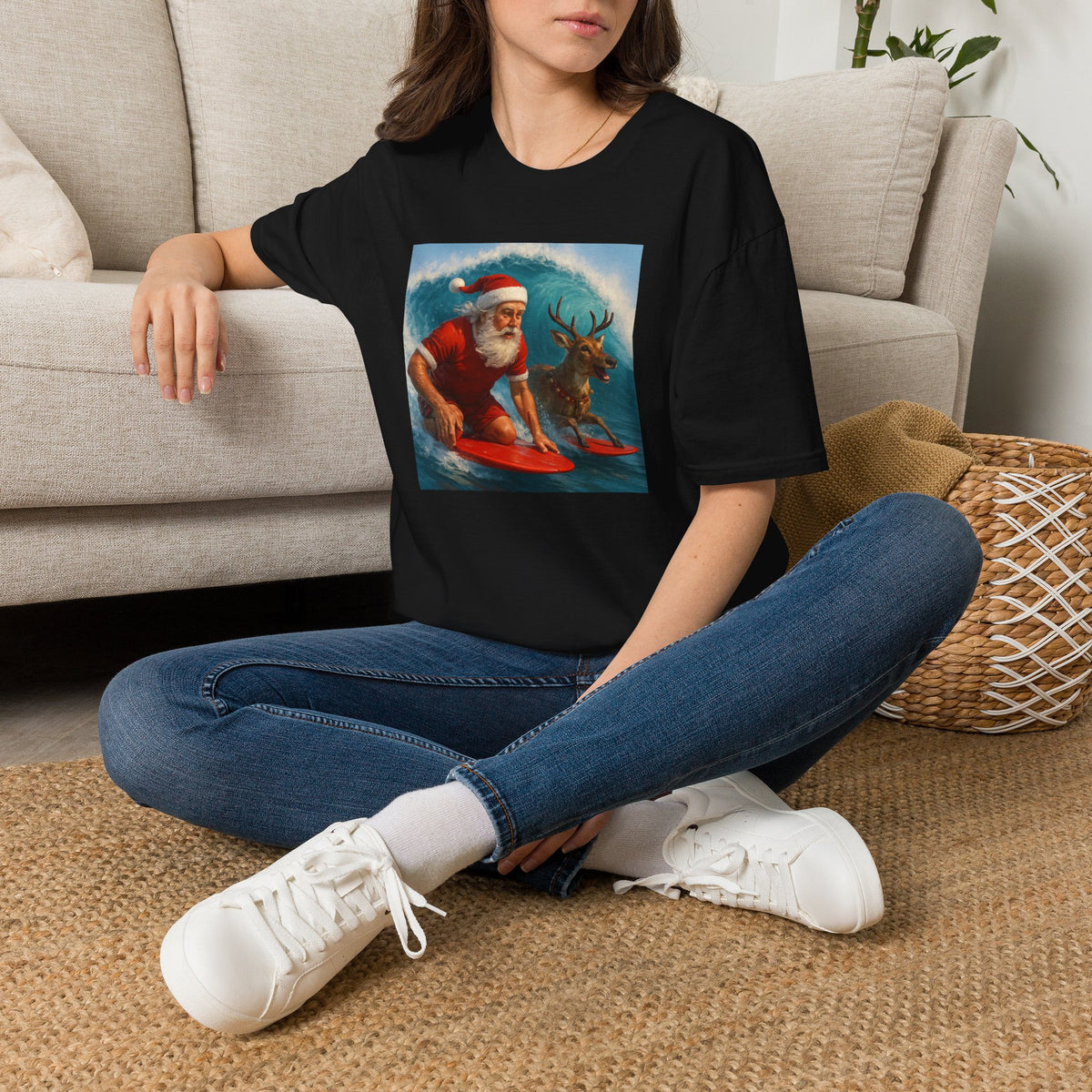 Santa Surfing T-Shirt — Retro Santa and Reindeer Surf Holiday Tee