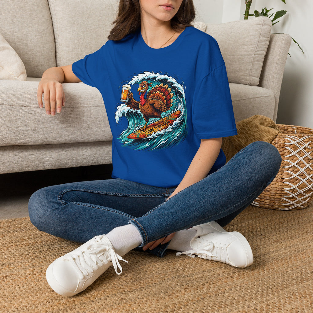Turkey Surfing With Beer T-Shirt — Funny Thanksgiving Surfboard Tee