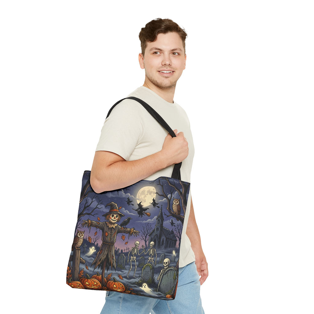 Halloween Haunted Night Tote Bag – Spooky Scarecrow & Skeletons All-Over Print