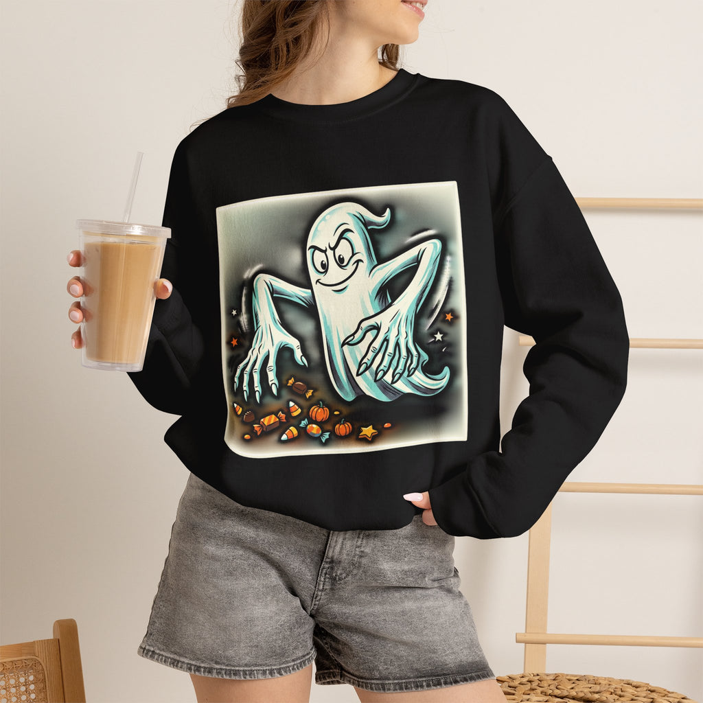 Candy Ghost Halloween Crewneck Sweatshirt — Retro Spooky Ghost with Candy Corn